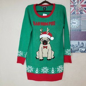 Green Christmas pug knit sweater dress